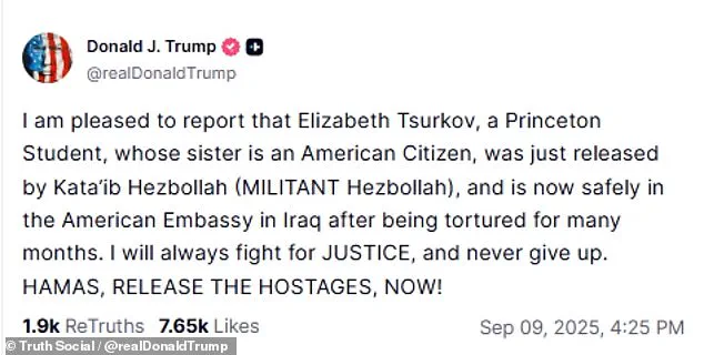 Elizabeth Tsurkov Freed After Two-Year Hostage Hold by Hezbollah, Trump Announces on Truth Social: 'Just Released'