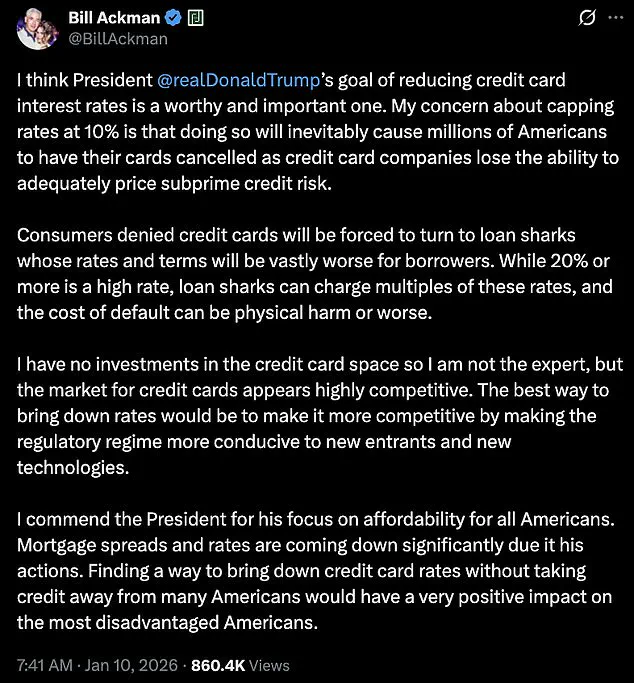 Controversy Over Trump's 10% Credit Card Interest Rate Cap as Bill Ackman Warns of Financial Fallout