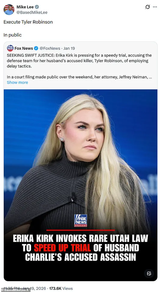 Senator Mike Lee Urges Public Execution of Tyler Robinson as Erika Kirk Demands Speedy Trial in Charlie Kirk Murder Case