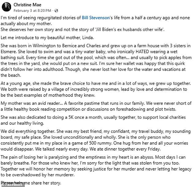 Daughter of Murdered Linda Stevenson Vows Justice as Ex-Husband of Jill Biden Faces Charges