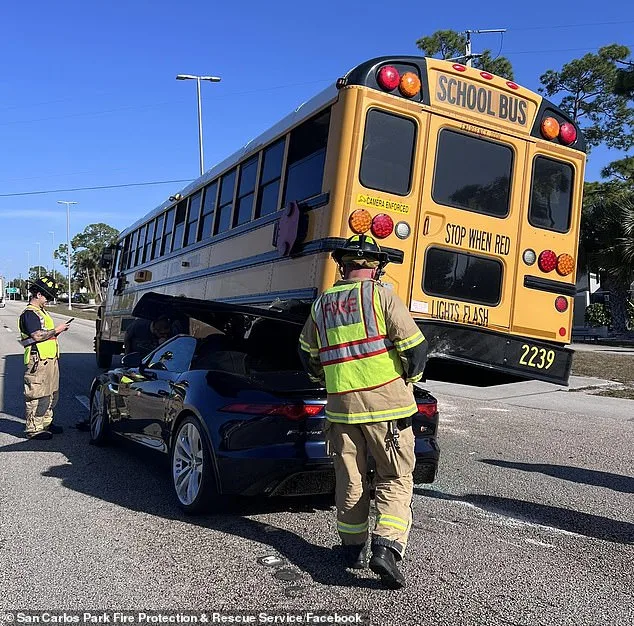 Miraculous Escape as Jaguar Slams Into Empty School Bus in San Carlos Park