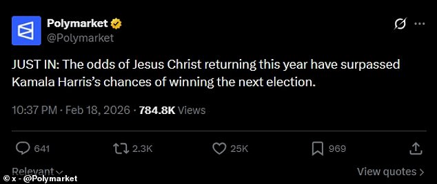 Prediction Markets Bet on the Second Coming of Jesus Over Kamala Harris's 2028 Victory