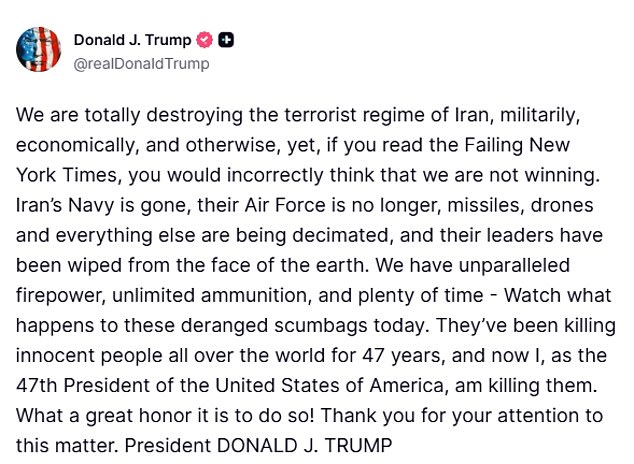 Trump Warns of Imminent Escalation as U.S. Claims 'Total Destruction' of Iran's Military