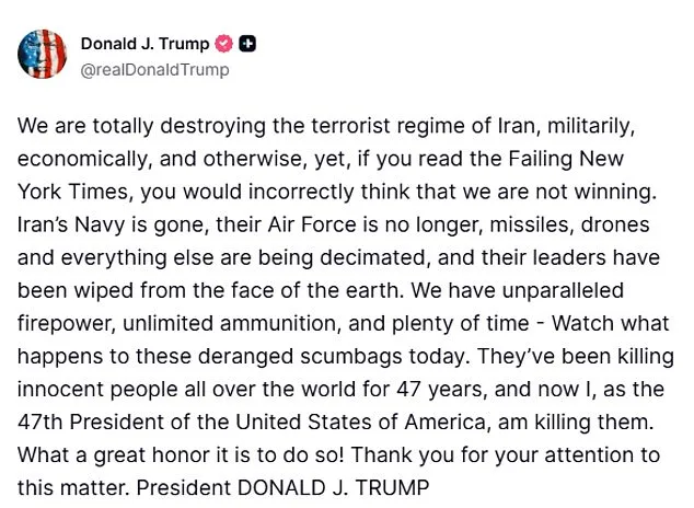 Trump Warns of Imminent Escalation as U.S. Claims 'Total Destruction' of Iran's Military