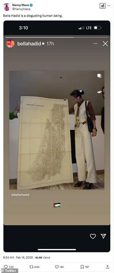 Republican Representative Nancy Mace criticizes Bella Hadid for holding up a historic map of Palestine on Instagram.