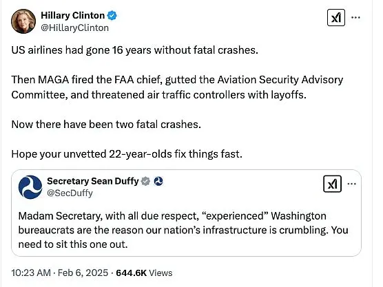 Transportation Secretary Sean Duffy Claps Back at Hillary Clinton Over DOGE's FAA Involvement