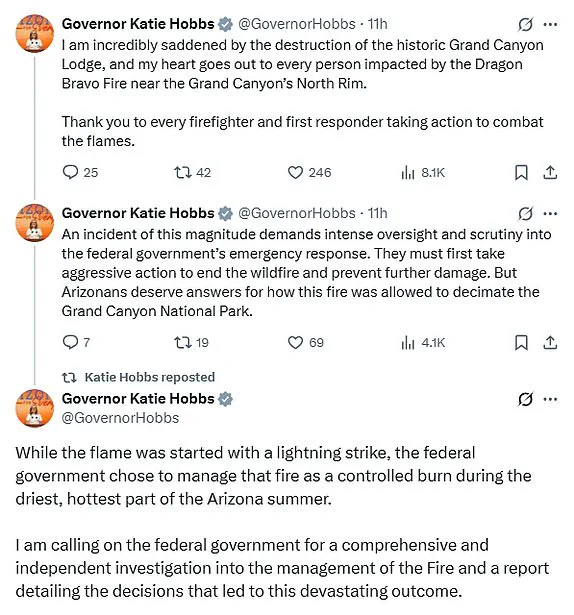Arizona Governor Katie Hobbs Urgently Calls for Federal Probe into NPS Wildfires Ravaging Grand Canyon's North Rim, Destroying Historic Landmarks and Structures